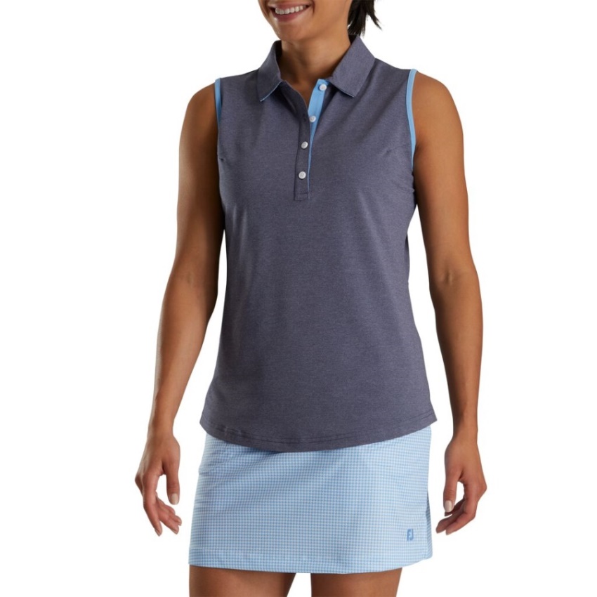 ピケ ノースリーブ千鳥格子トリム シャツ レディース ネイビー ヘザー フットジョイ