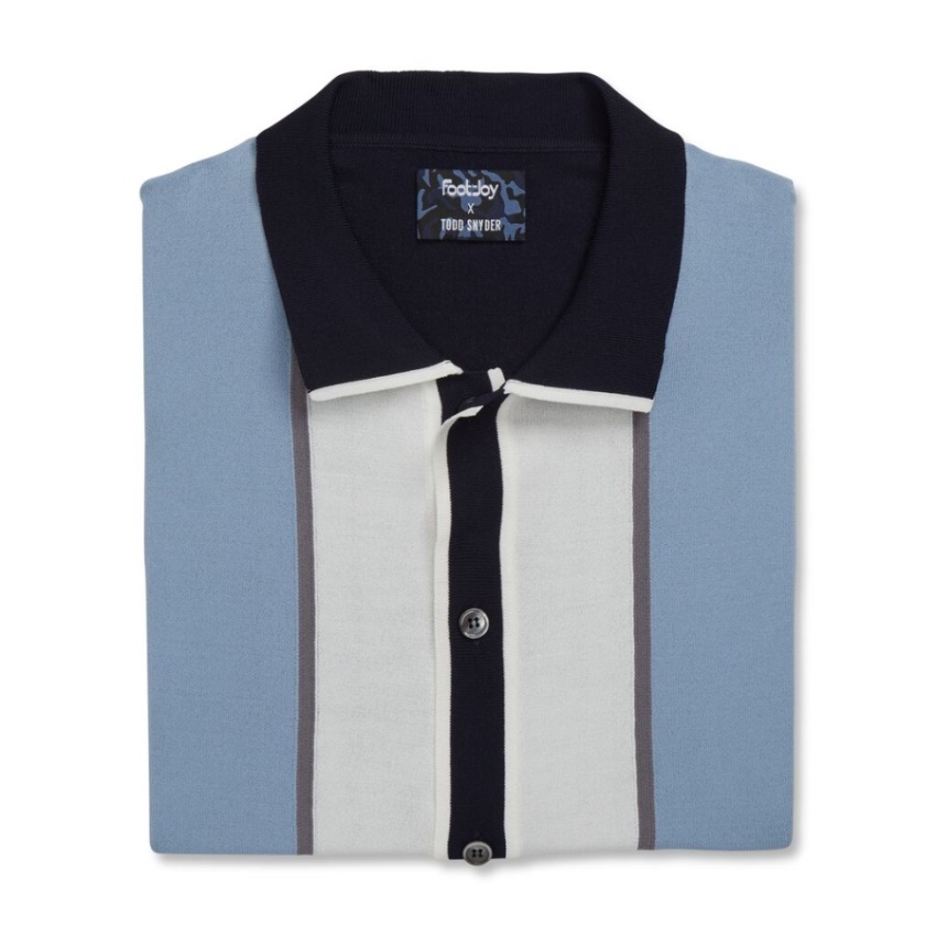 Footjoy ホワイトライトブルーネイビーセーターニットストライプポロ